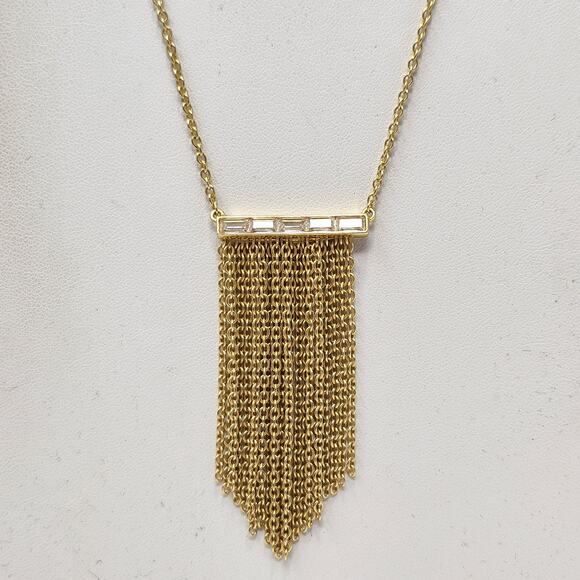 Sole Society Gold Tone Chain Long Necklace CZ Bar Metal Fringe Pendant Casual - Picture 1 of 7